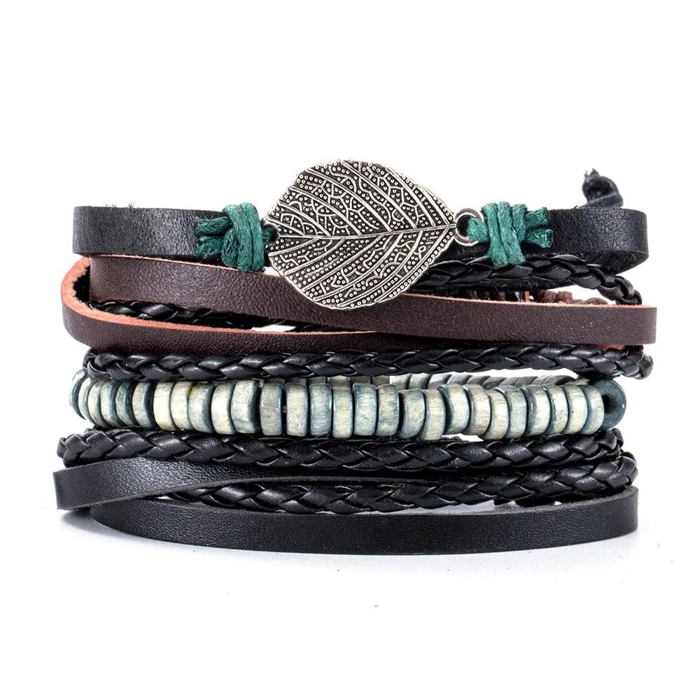 Braided Leather Bracelets for Men Vintage Life Tree Charm Wood Beads Ethnic Tribal Wristband Rope Bracelet Set