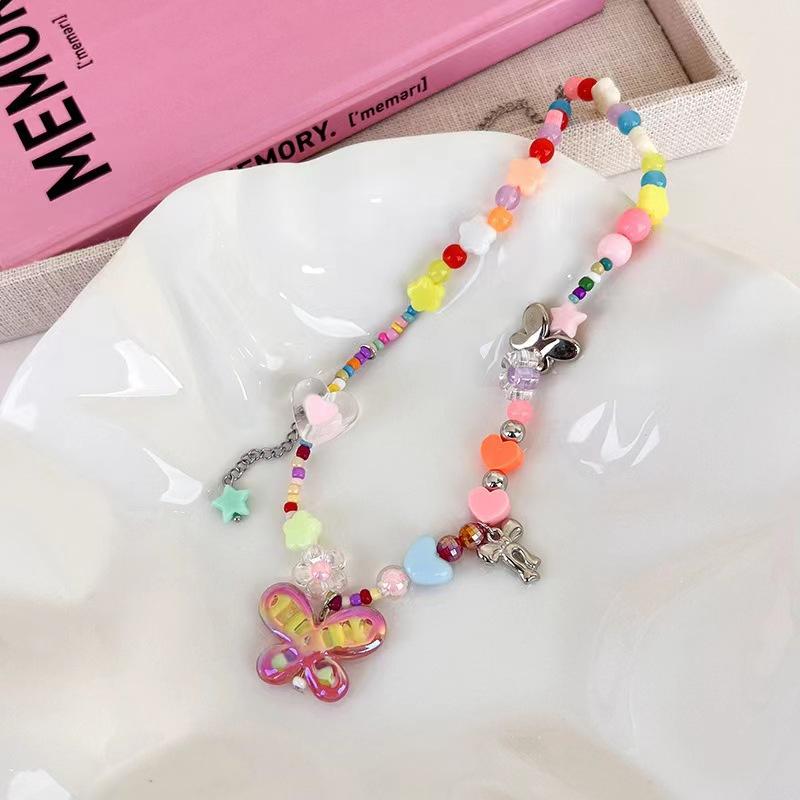 Dopamine Color Butterfly Beaded Necklace Female Personality Sweet Versatile Girl Collarbone Chain Fashion Necklace