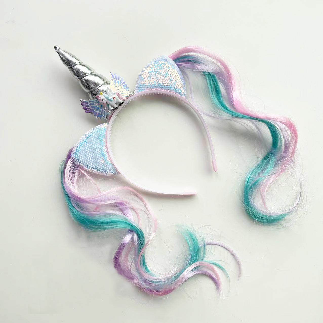 Girl Headband Kids Candy Color Sparkle Sequins Unicorn Braid Children Christmas Rainbow Hair Accessories Baby Birthday Hair Band серебряный