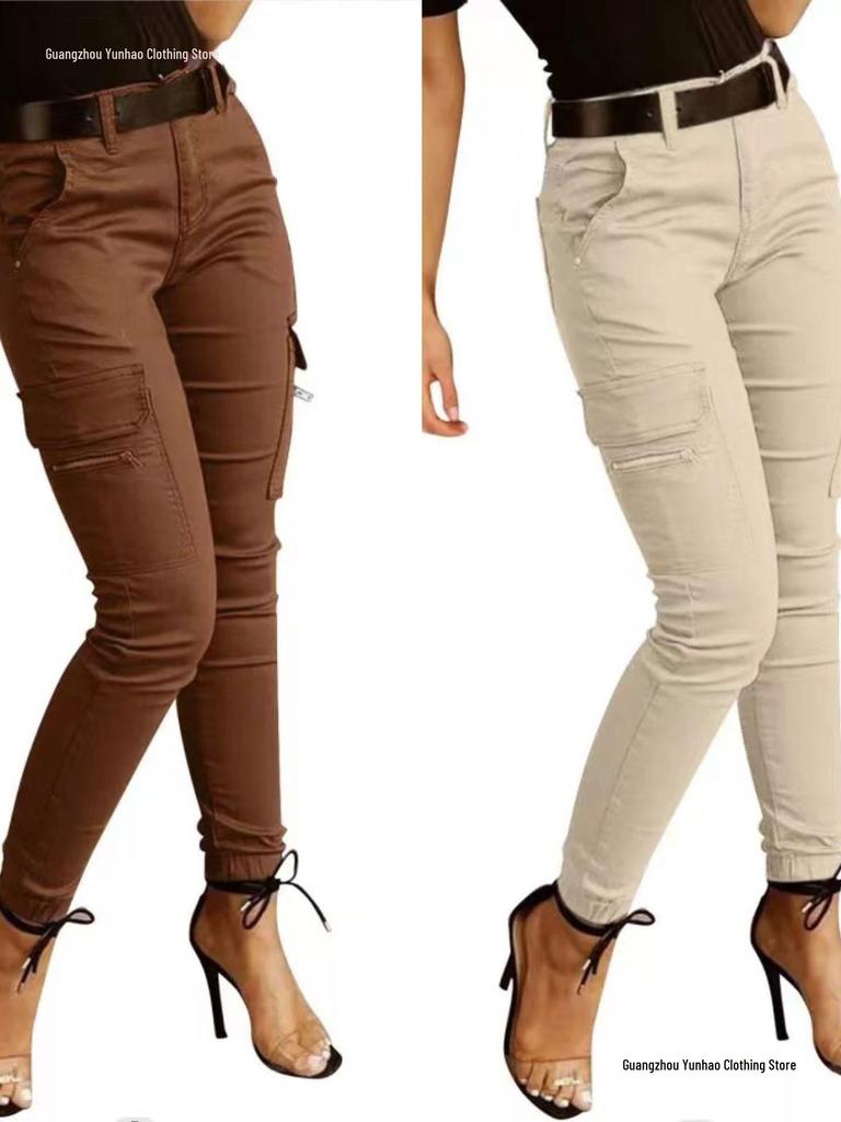 Pantaloni Jogger da Donna a Colore Unito a Vita Media con Bottone e Tasche