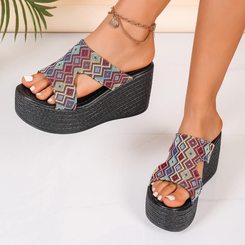 Women’s Canvas Wedge One-Strap Sandals, Thick Sole Summer Beach Slides