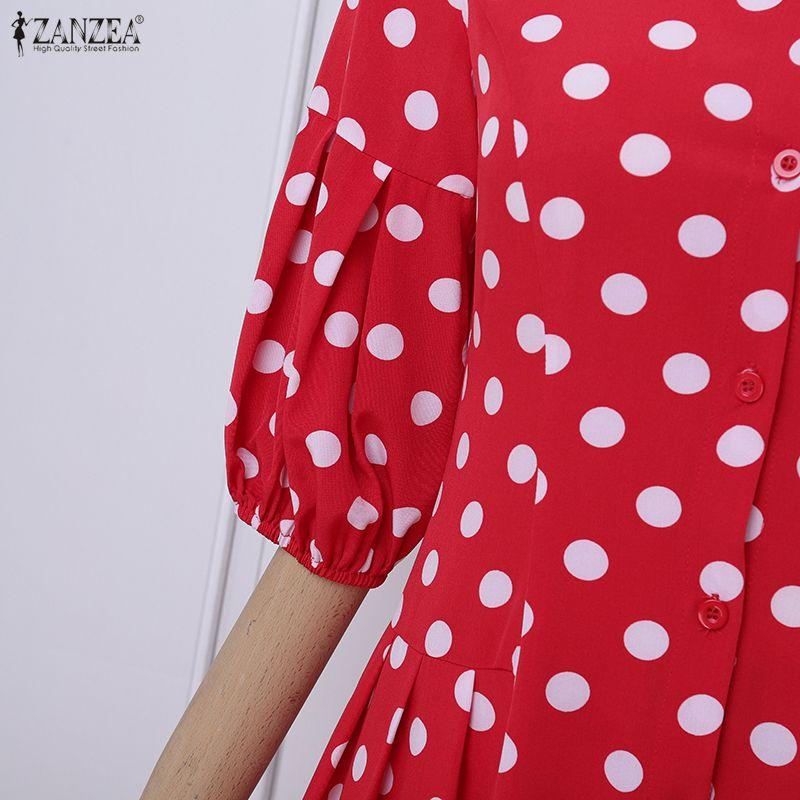 ZANZEA Vintage Damen Casual Umlegekragen Locker Halbarmlig Gepunktet Plissiertes Kleid