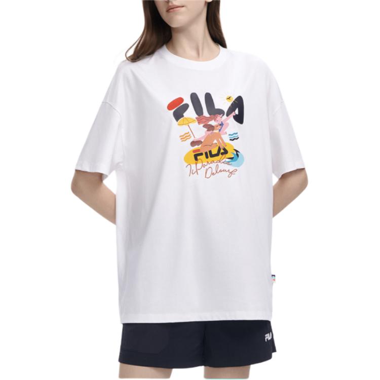 Fila American Vintage Illustration Print Crew Neck Casual Short Sleeve Drop Shoulder T-Shirt Women T-Shirt White F11W329107F-WT