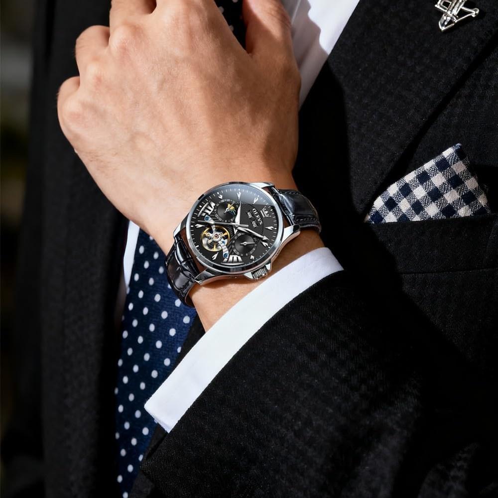 OLEVS Automatic Men’s Wristwatch Multi-Calendar Moon Phase 3 ATM Waterproof Business Classic Luxury Black-A Dial Retro
