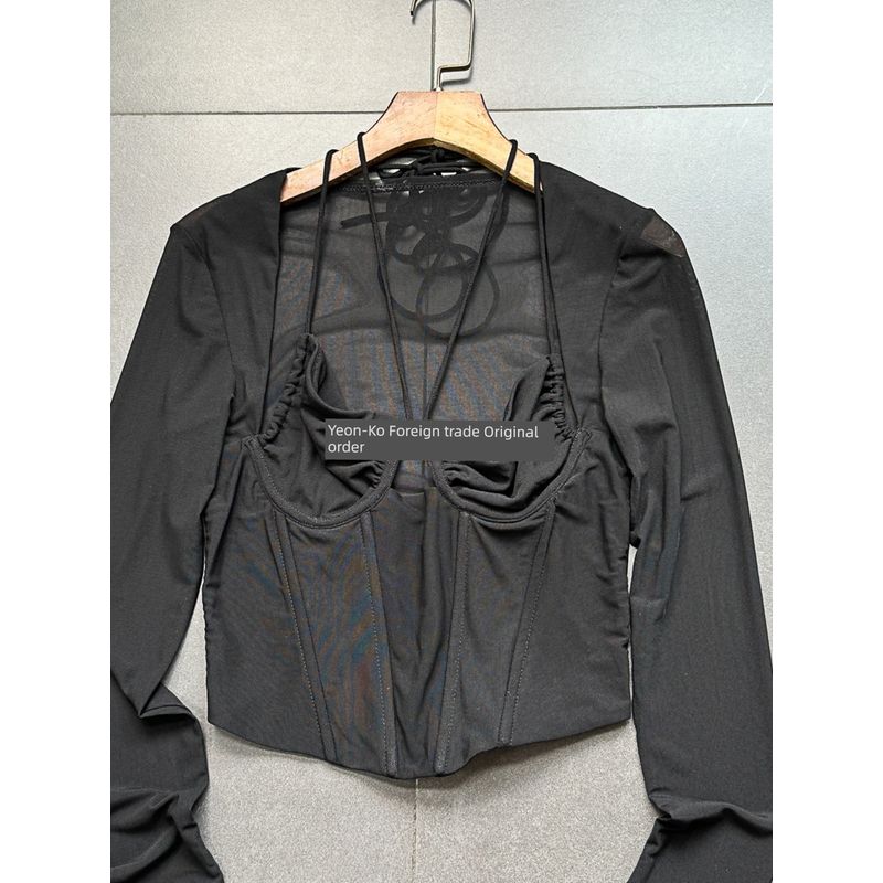 Foreign Trade Original Order Large Sexy Black Mesh Early Autumn Fishbone Long Sleeves Silm Midriff-Baring Top Sexy Square-Cut Collar