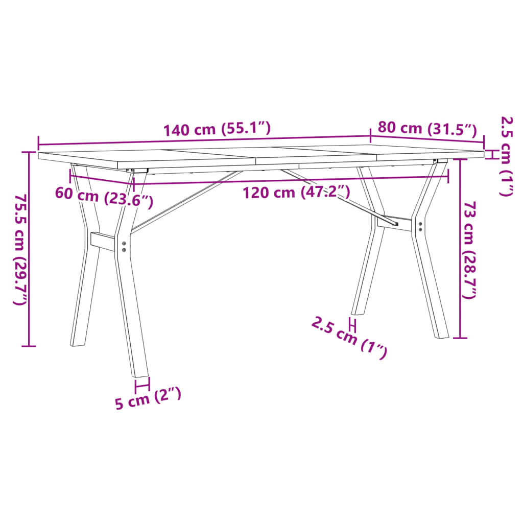 Dining Table with Y shaped Frame 140 x 80 x 75.5 cm Solid Pine Wood & Steel