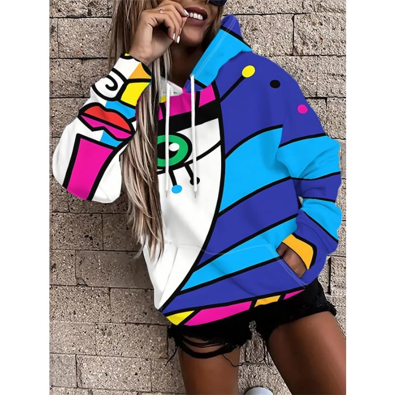 Fashion Women'S Loose Casual Street Style Hoodie with Colorful Abstract Portrait, Easy to Wear, Contrast Design, Loose Casual, Trendy Top