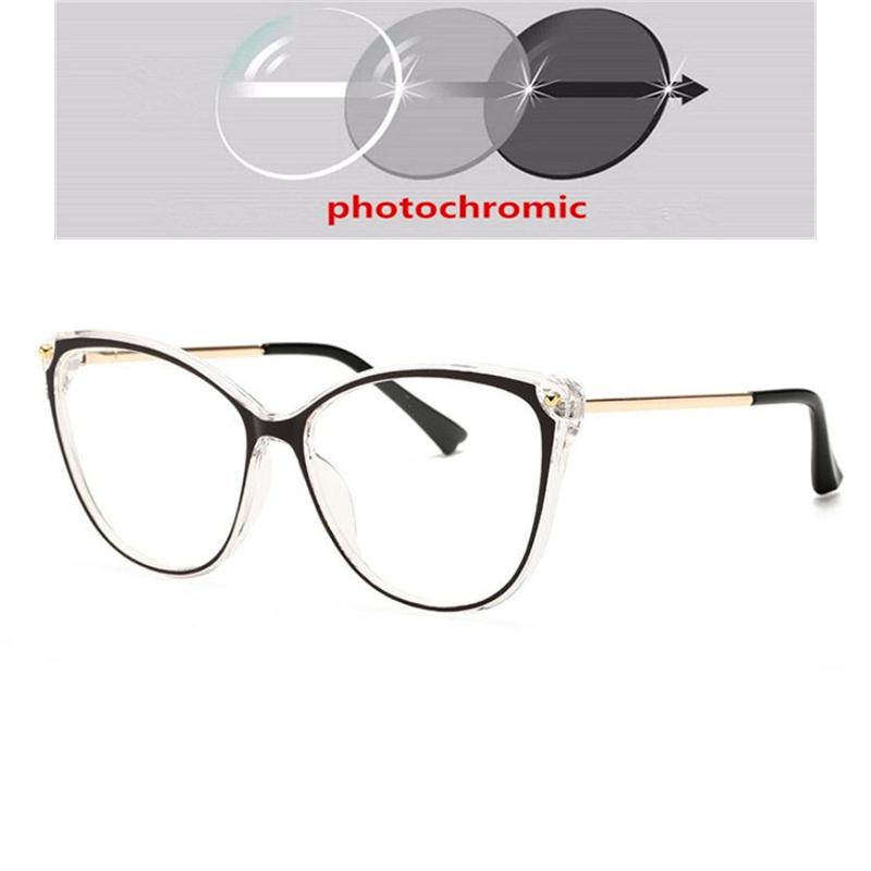 Big Frame Blue Light Blocking Cat Eye Glasses Women Photochromic Gray Prescription -6 To 0