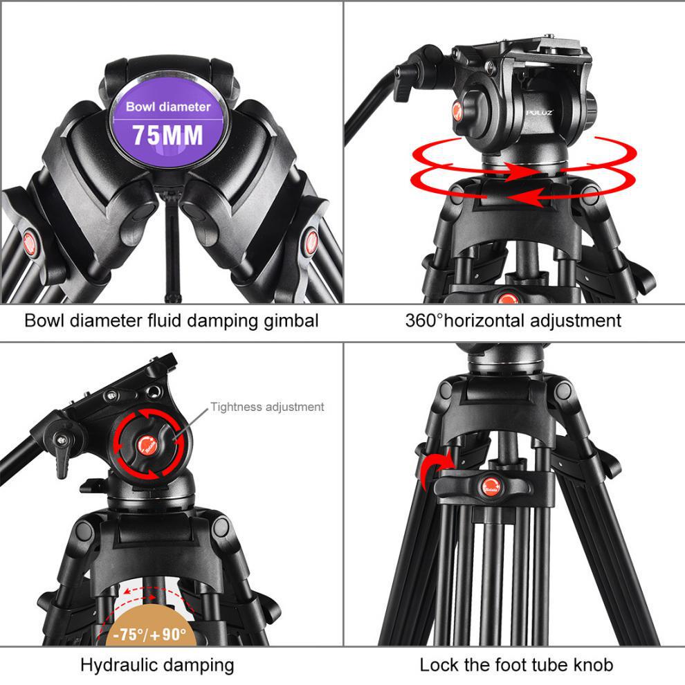 PULUZ Aluminum Alloy Photography Tripod with Hydraulic Damping Head, Adjustable Height 80-160cm