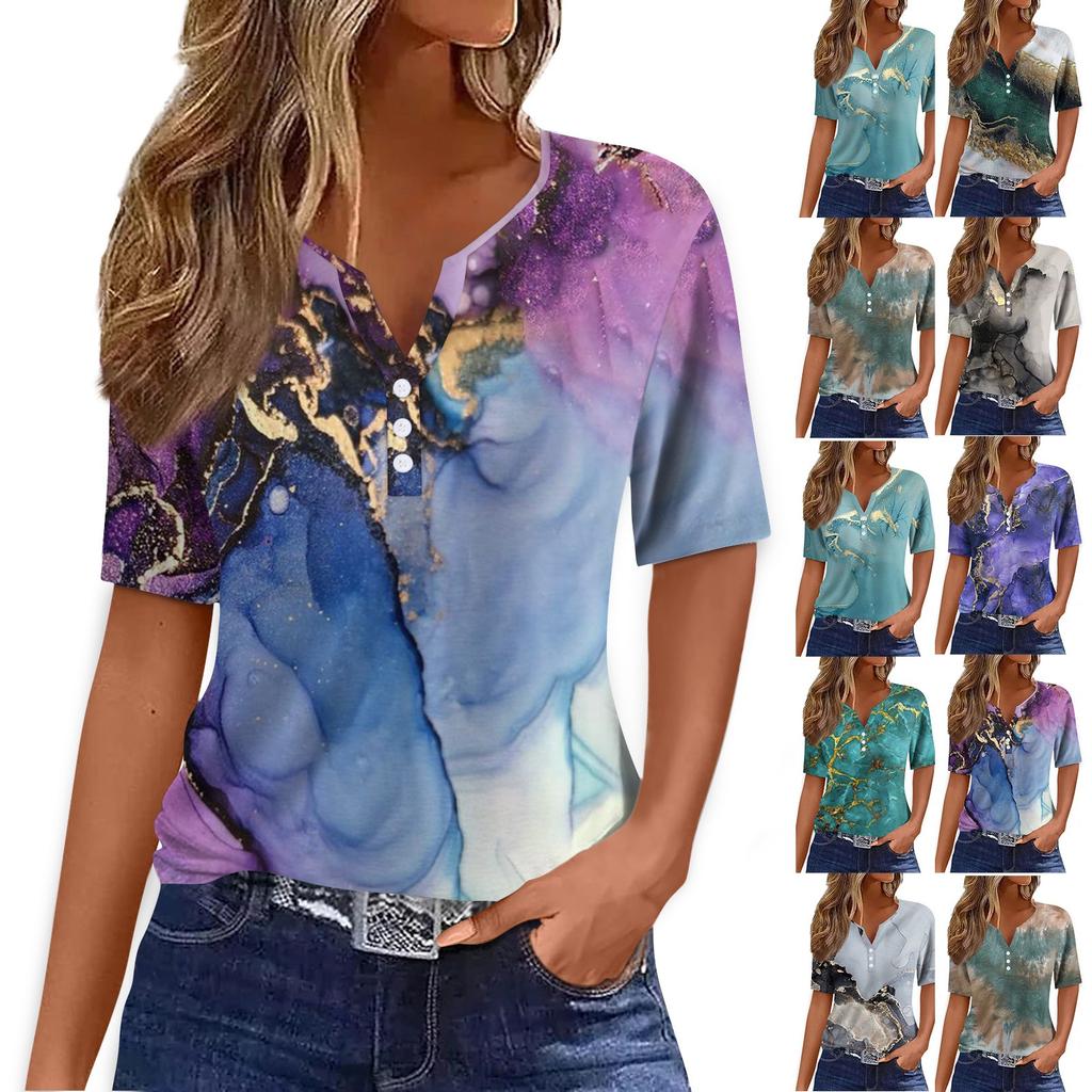 Women's T Shirt Tee Print Button Short Sleeve Daily Weekend Fashion Basic V- Neck Regular Top