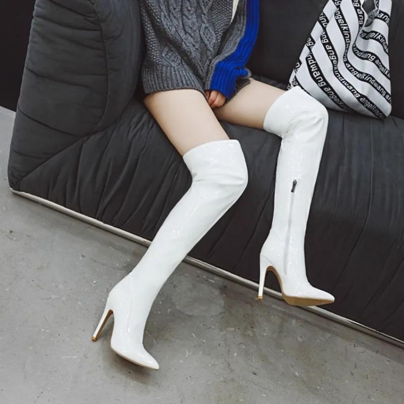 Women Boots Over The Knee Sexy Fashion Boot 10.5CM Stiletto New Patent Leather Side Zipper Pole Dance Nightclub White Women Shoe