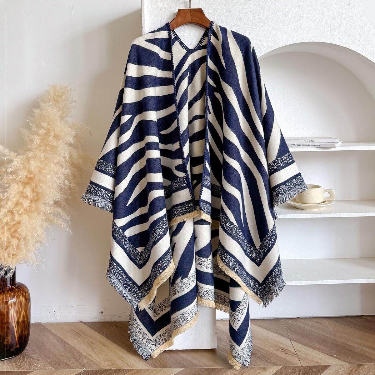 

Elegant Women Streak Pashmina Scarves Fringe Winter Warm Fashion Designer Imitation Cashmere Two-Sided Scarf Blanket Shawls темно-синього кольору
