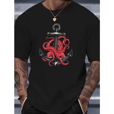 Camiseta de manga corta de corte regular para hombre, tallas europeas, estilo casual de verano, cuello redondo, con estampado de ancla náutica, tejido de punto de spandex, transpirable.