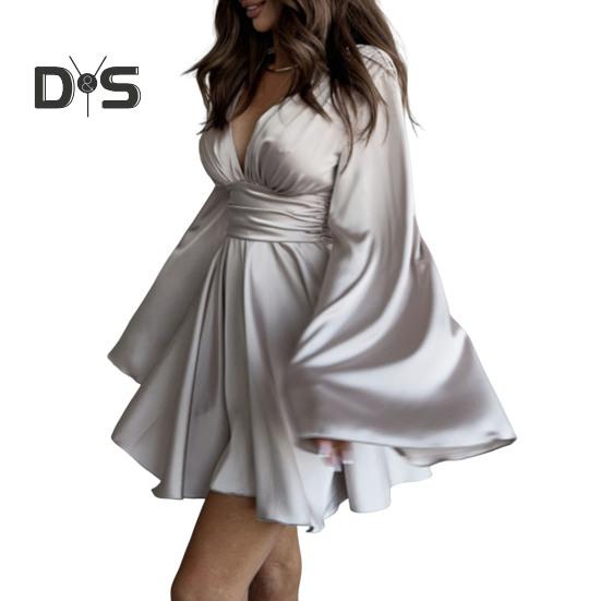 

Женское атласное мини-платье, расклешенное, с длинными рукавами, глубоким V-образным вырезом, короткое платье А-силуэта с высокой талией, струящееся платье для коктейльной вечеринки в клубе L