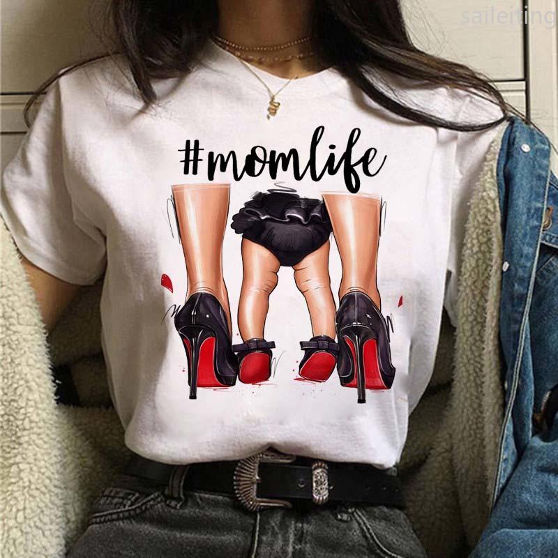 Women T-shirts Cute Mom and Daughter Black Summer Short Sleeve Female Tops Summer Sleeved Harajuku Streetwear Tops Tees