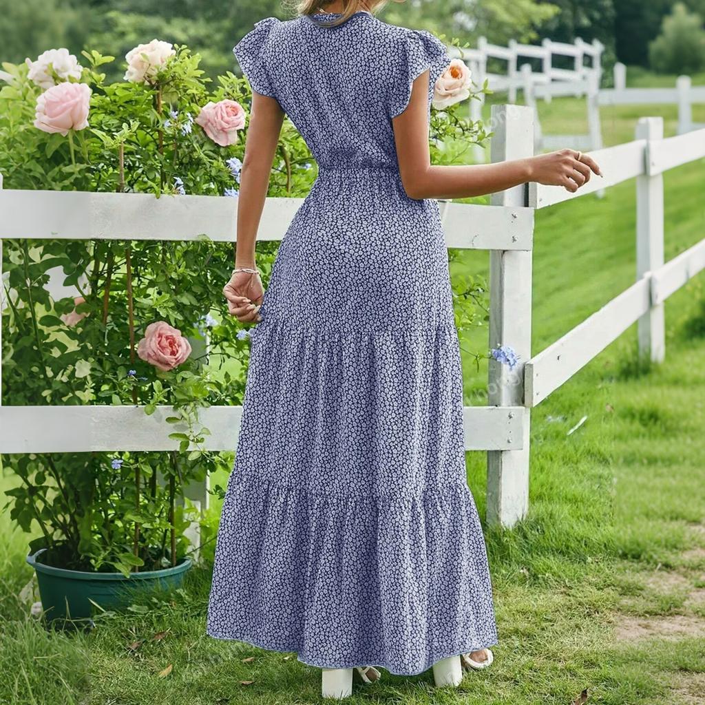 Abito da donna con scollo a V, vita alta, stampa floreale, multistrato, manica corta, casual, maxi, per l'uso quotidiano