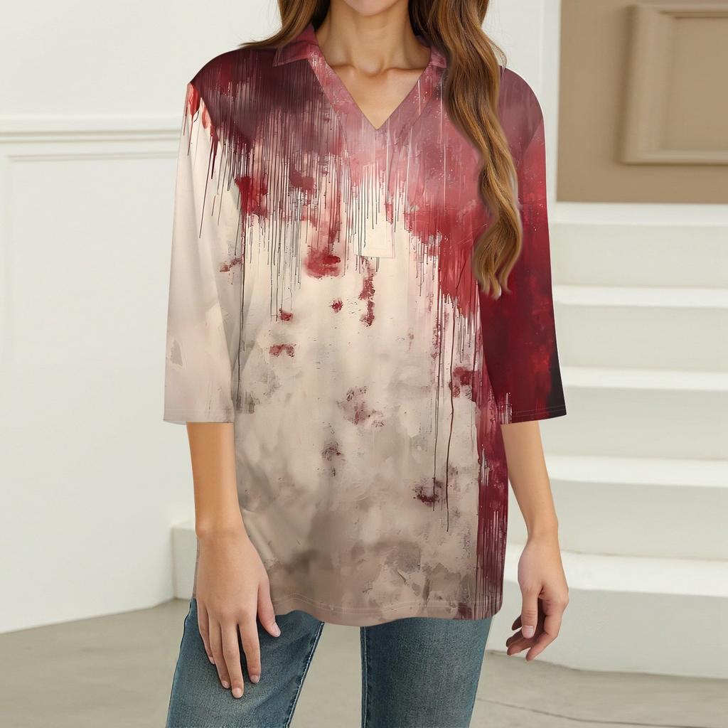 Women's Fashion Casual Lapel 3/4 Sleeve Halloween Print Shirt Women's V-Neck Tops