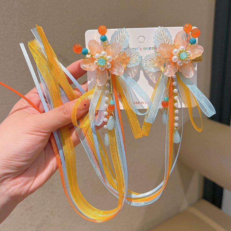 Princess Style Children's Hanfu Hair Clips - Ancient Chinese Tassel Ribbon Headdress for Girls