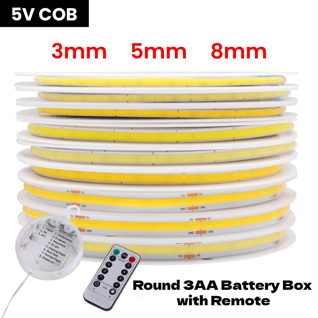 5V Dimmerable COB LED Strip Light 8 Modes With Battery Box 3MM 5MM 8MM White/Red/Blue/Pink/Green Flexible TV Backlight Rope