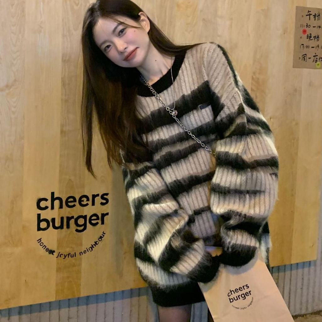 Y2K Grunge Black Striped Sweater Women Harajuku Korean Oversize Winter Pullover Jerseys Hippie Vintage Knit Jumper