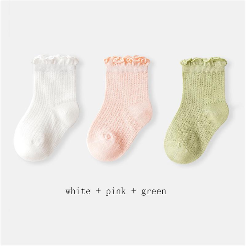 3 Pary/Partia Letnie Dziecięce Siateczkowe Cienkie Skarpetki Jednolite Miękkie Bawełniane Skarpetki Noworodkowe Księżniczka Falbanka Niemowlę Maluch Dziewczynki Śliczne Oddychające Skarpetki