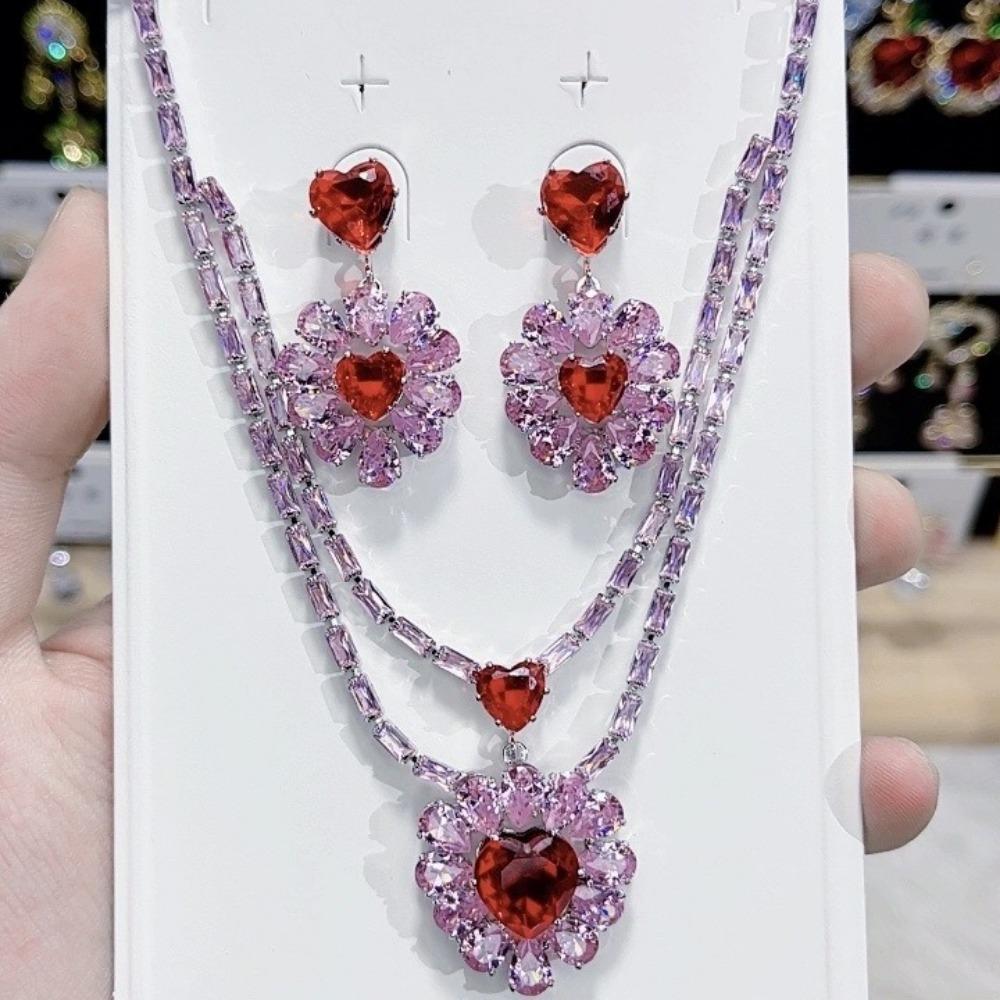 Luxury Heart Pendant Jewelry Set Earring Pink Red Necklace For Women Bridal Wedding Exquisite Fashion Zircon Party Banquet Gift