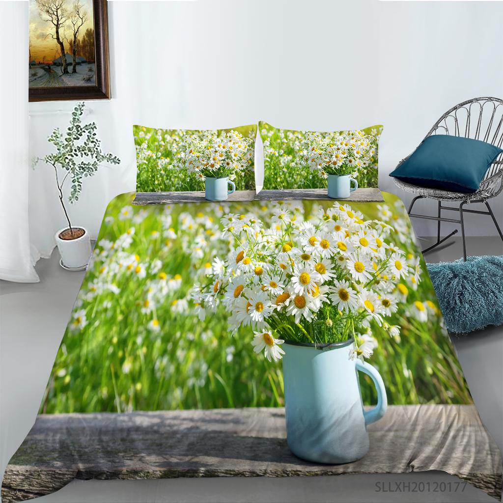 3D-Bettwäsche mit kleinem Gänseblümchenmuster, Einzelbett, Doppelbett, volle Größe, Pflanzen-Chrysanthemen-Muster, Kissenbezug und Bettbezug, 2 oder 3 bequeme Heimdekoration