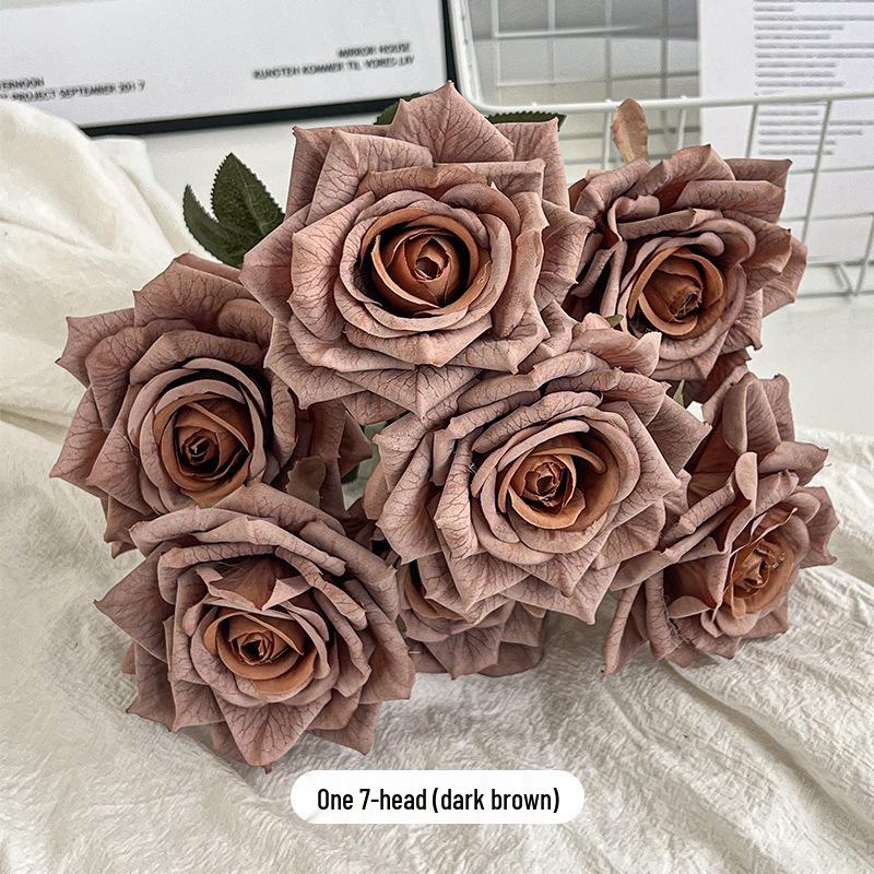 7-Head Embossed Cappuccino Rose Bouquet: Artificial Wedding Car Decoration with High-End Feel