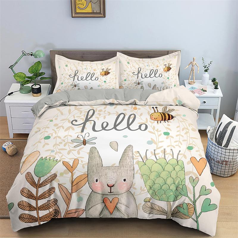 Cartoon Rabbit Bedding Set For Boys Girl Teen Botanical Plant Duvet Cover Microfiber Kawaii Bunny Comforter Cover Bedroom Decor