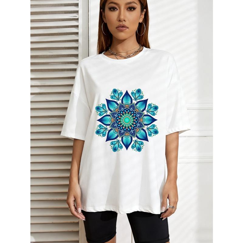 Vintage nadměrné tričko s tyrkysovým potiskem mandaly z pávího pera – Etnický styl, složitý vzorový top
