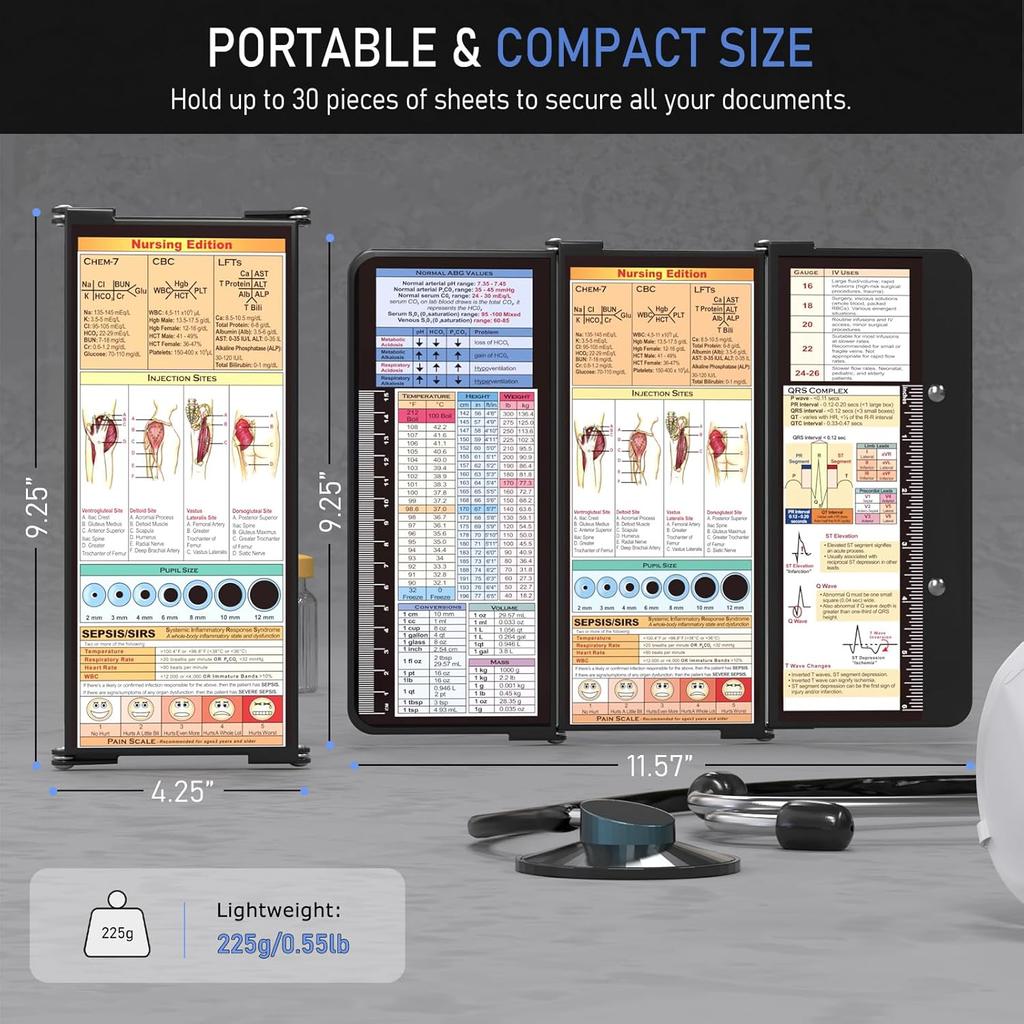 Nursing Clipboard Foldable, Foldable Clip Board w/Nursing Edition Cheat Charts, 3 Layers Aluminum, Nurse Clipboards w/Low Profile Clip & Pen Clip