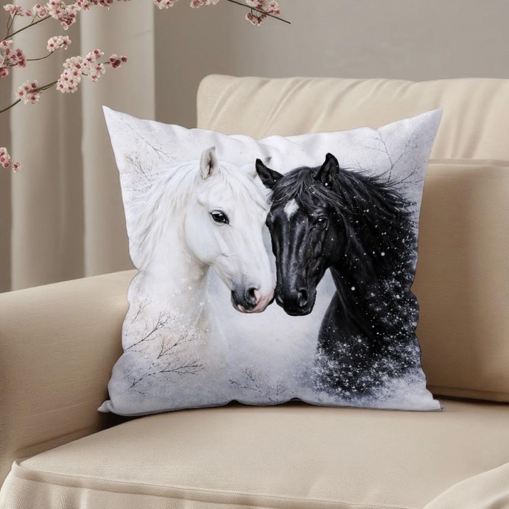 Square Pillow Case White And Black Horses Print For Living Room Sofa Decoration