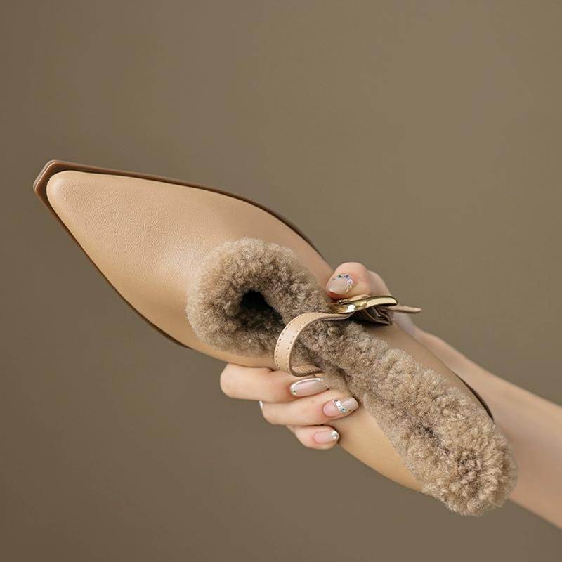 Elegant Metal Buckle Mary Janes Woman Chic Brand Design Fur Women Low Heel Dress Shoes Ladies Winter Warm Plush Belt Pump Zapato