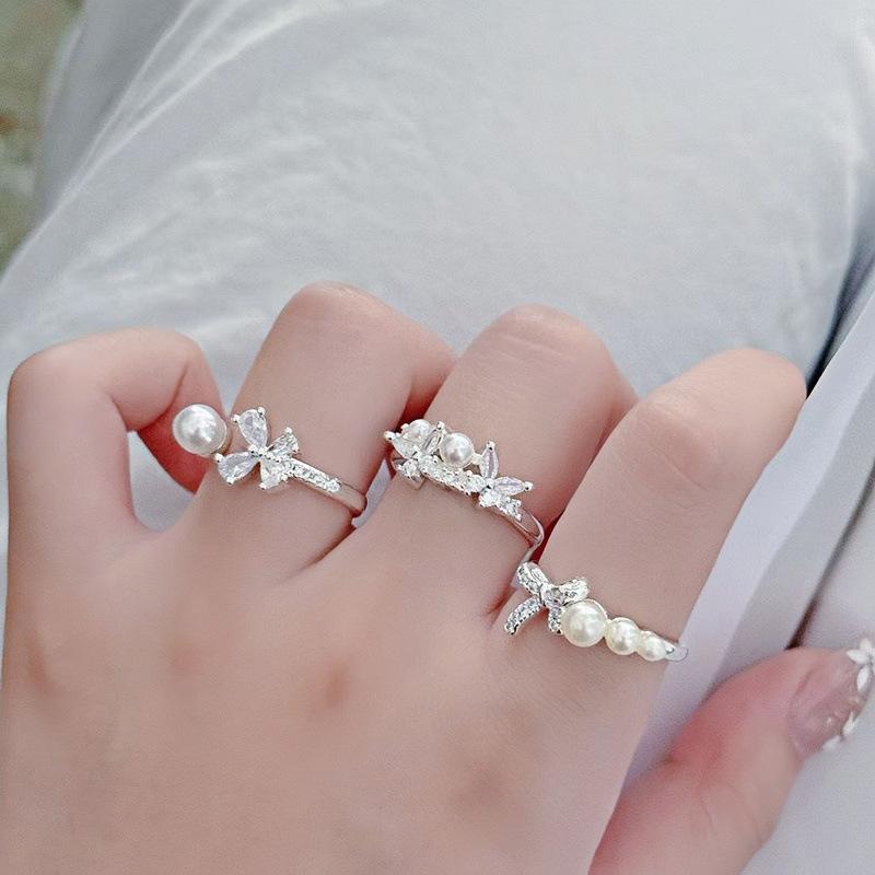 French Gentle Wind Bead Bow Full Diamond Light Luxury Ring Women'S Unique Niche High-End Ring