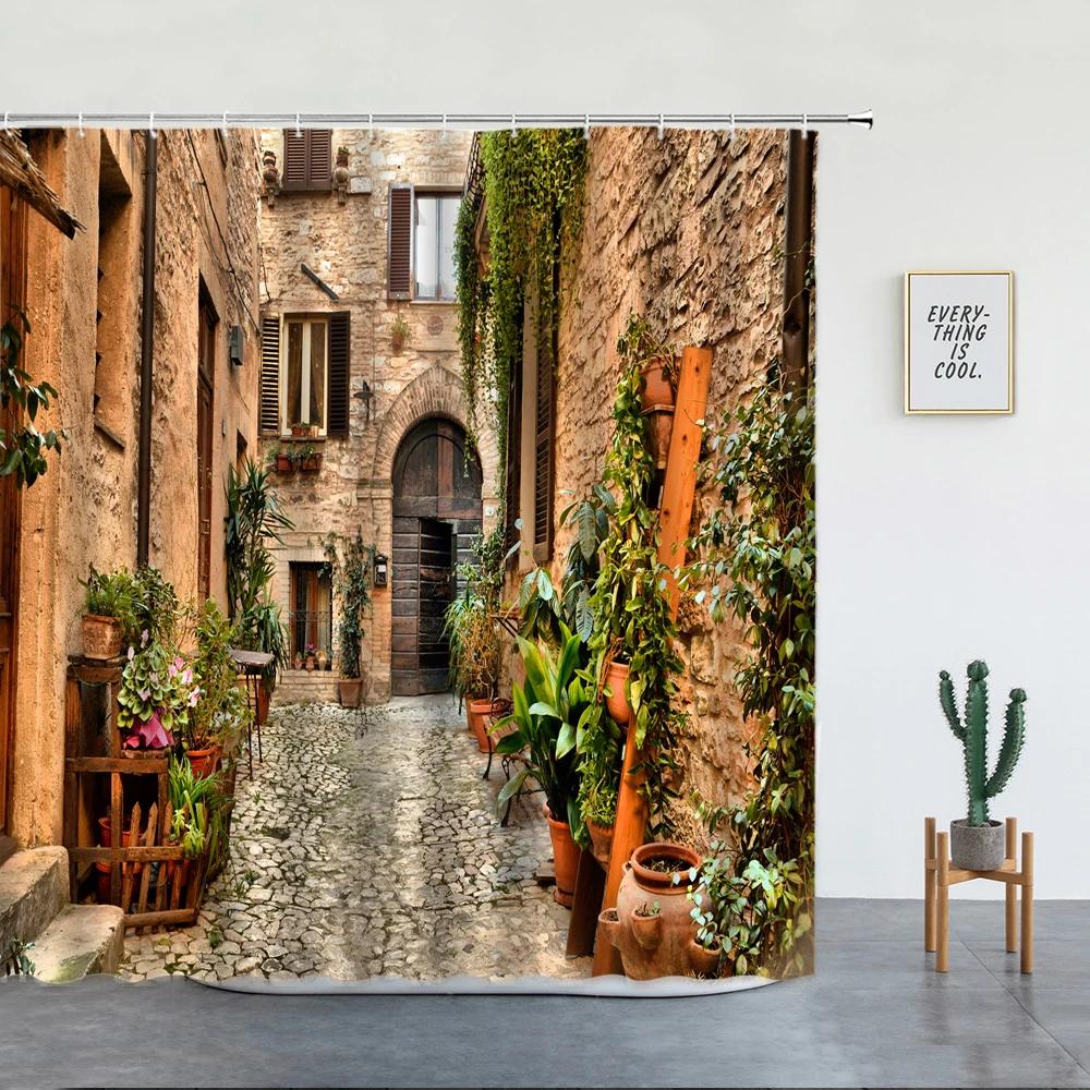 Landschaft Straße Blume Duschvorhang Retro Italienische Altstadt Architektur Floral Wasserdichtes Tuch Badezimmer Vorhänge Dekor Haken