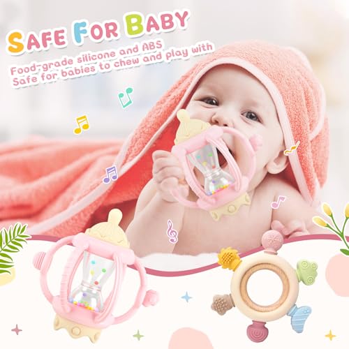 2 Pack Teething Toys for Babies 6-12 Months, Sensory Teether Rings, Montessori Baby Rattle, Infant Chew Toys Gift for Boys Girls (Pink)