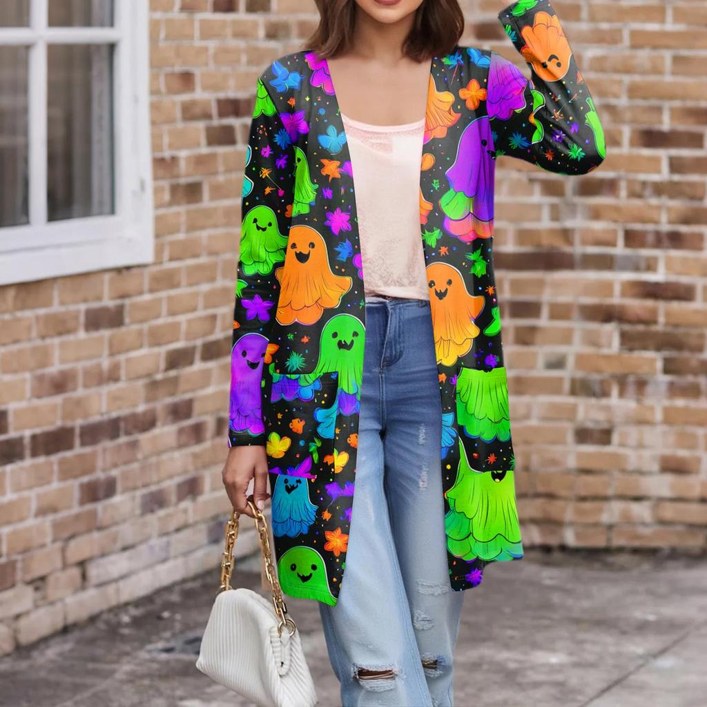 Cardigan da Donna Casual Comodo con Stampa di Halloween di Media Lunghezza con Tasche Giacca