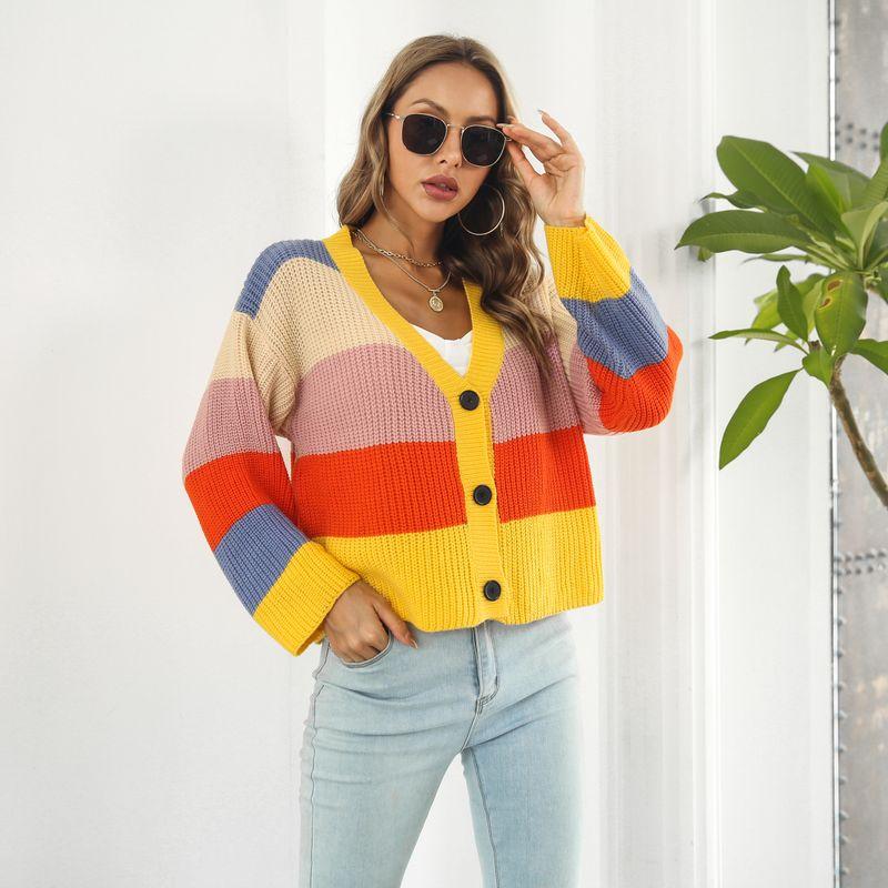 Cross-Border Fashion Fall and Winter New Product V-neck Color-Block Rainbow Cardigan Sweater Loose Short Coat Stripes Long Sleeves Knitwear