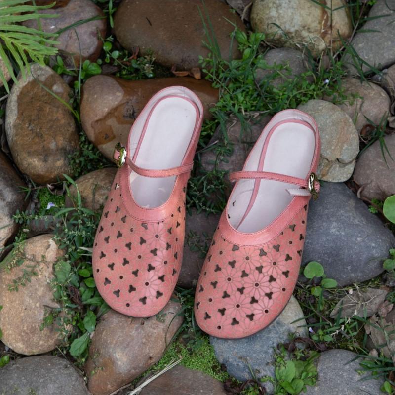 Johnature Genuine Leather Hollow-out Breathable Flat Slippers Soft Soled Versatile Women's Slip-on Shoes