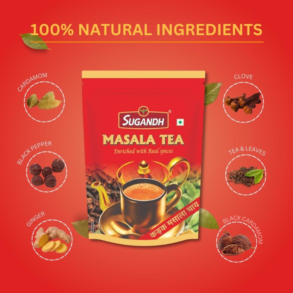 Sugandh Tea Masala Chai 1kg | 100% Natural Assam Tea Blended with Ginger, Cardamom, Cloves & Black Pepper | Authentic Indian Masala Tea for Chai Lo