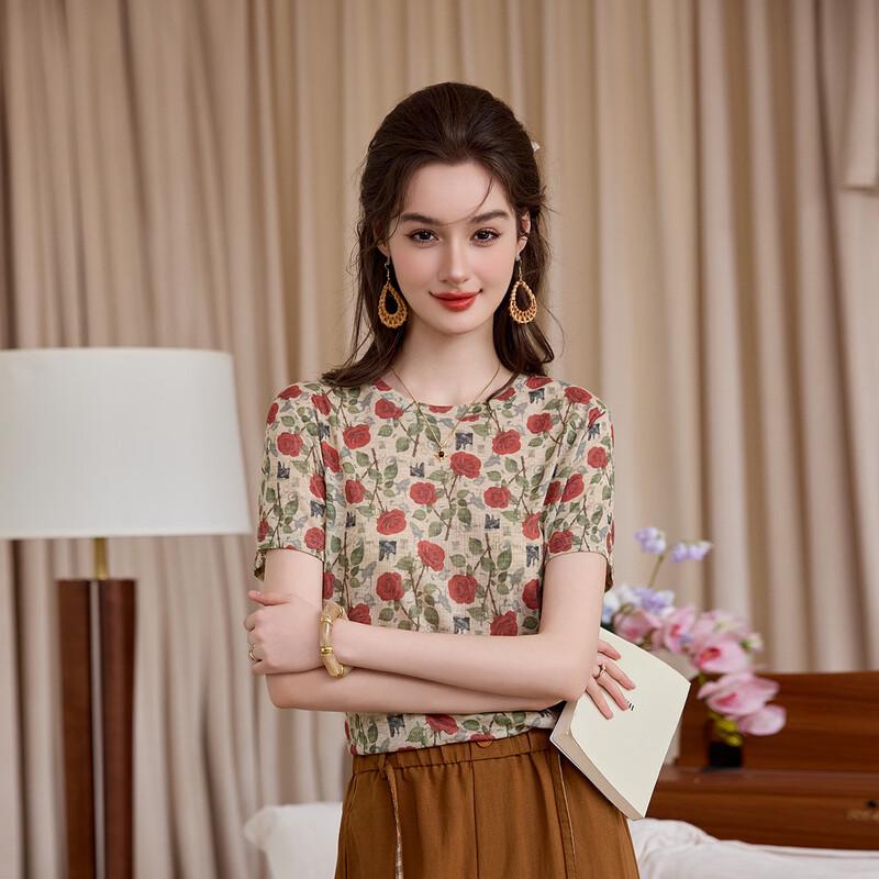 Retro Rose Print Knit T-Shirt