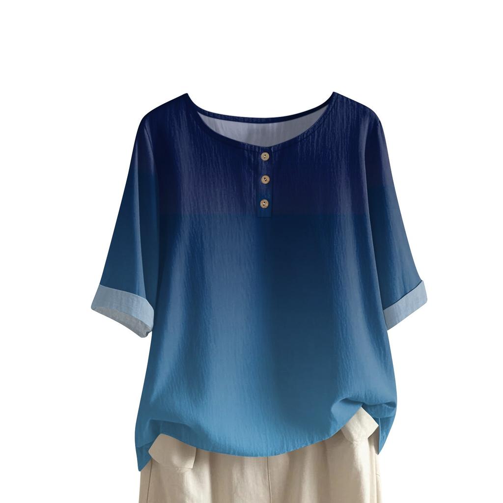 Women's Fashionable And Casual Shirt Half-sleeve Round Neck Print Cotton And Linen Blouse Top