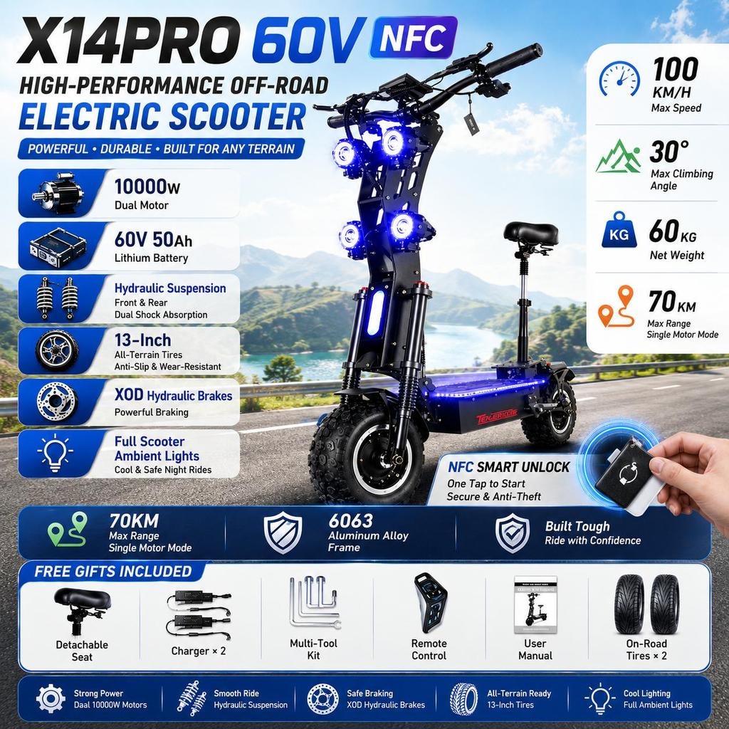 Nouveau x14 2026 double moteur 10000W batterie 60V 50AH pneu pliable 13 pouces trottinette électrique mobile stock entrepôt UE, livraison rapide