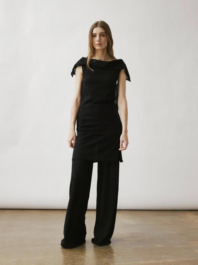 Longmei Women's Knit Wide-Leg Fake Two-Piece Elastic Waist Pants - Spring/Summer 2026 Minimalist Style Straight-Leg Trousers