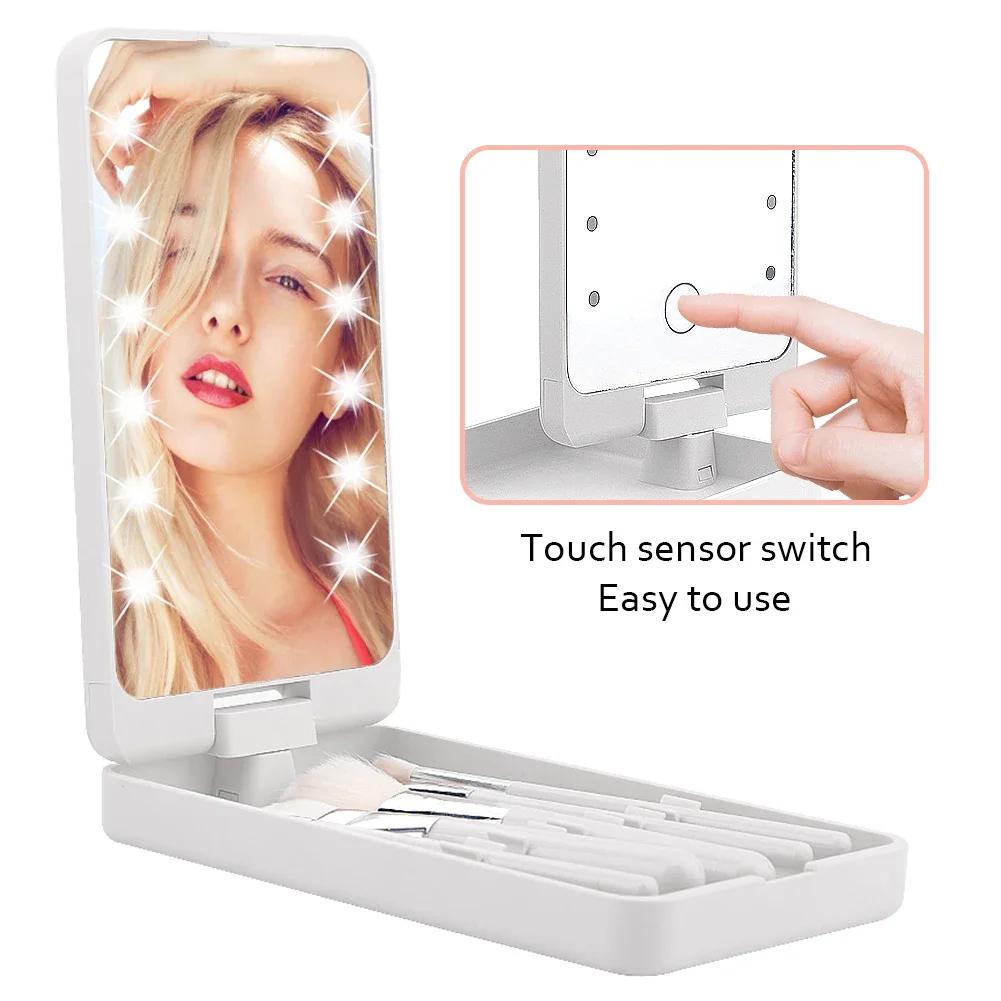 Portable Makeup Mirror With 5 Brushes Storage Box Rotatable LED Touch One-Face Storage Box Foldable Compact Makeup Mirror