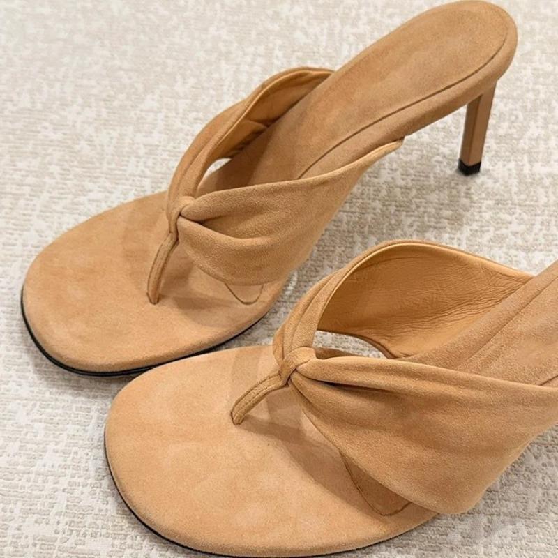 Chanclas de tacón de aguja francés de ante de cuero para mujer, nuevas sandalias de tacón alto de primavera y verano