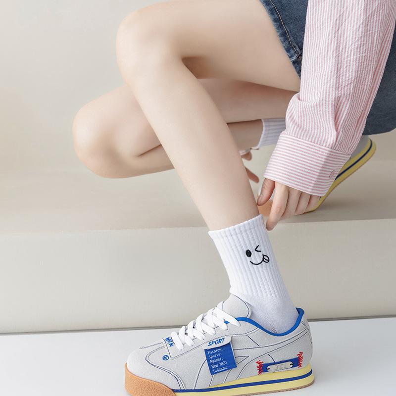 5 Par Damstrumpor med Tecknat Mönster Rund Hals Mellanlångt Skaft Trendiga Söta Uttrycksmönstrade Strumpor Casual Andningsbara Höst Flickstrumpor