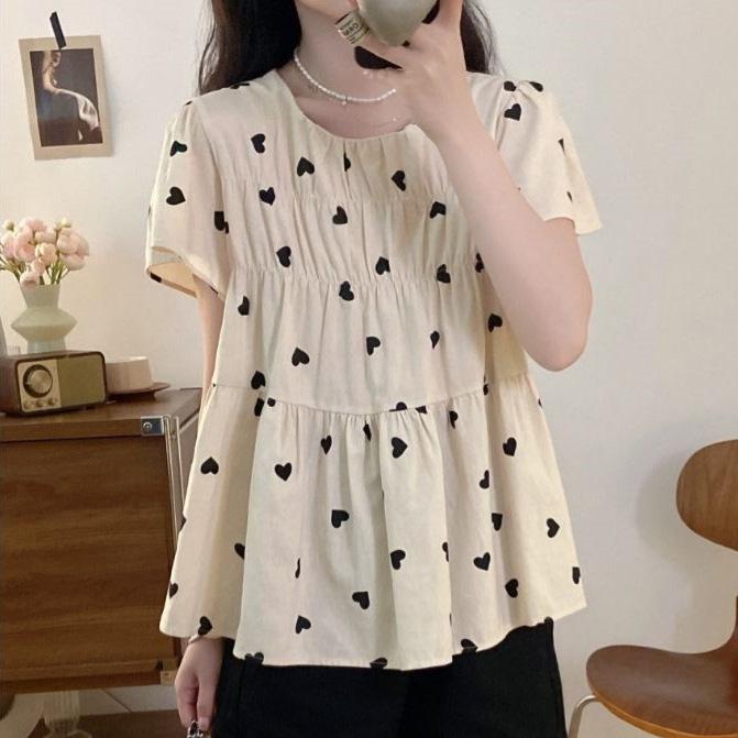 French Style Foreign Style Age-reducing Love Short-sleeved Shirt Women's Summer New Design Sense Niche Loose Pleated Top