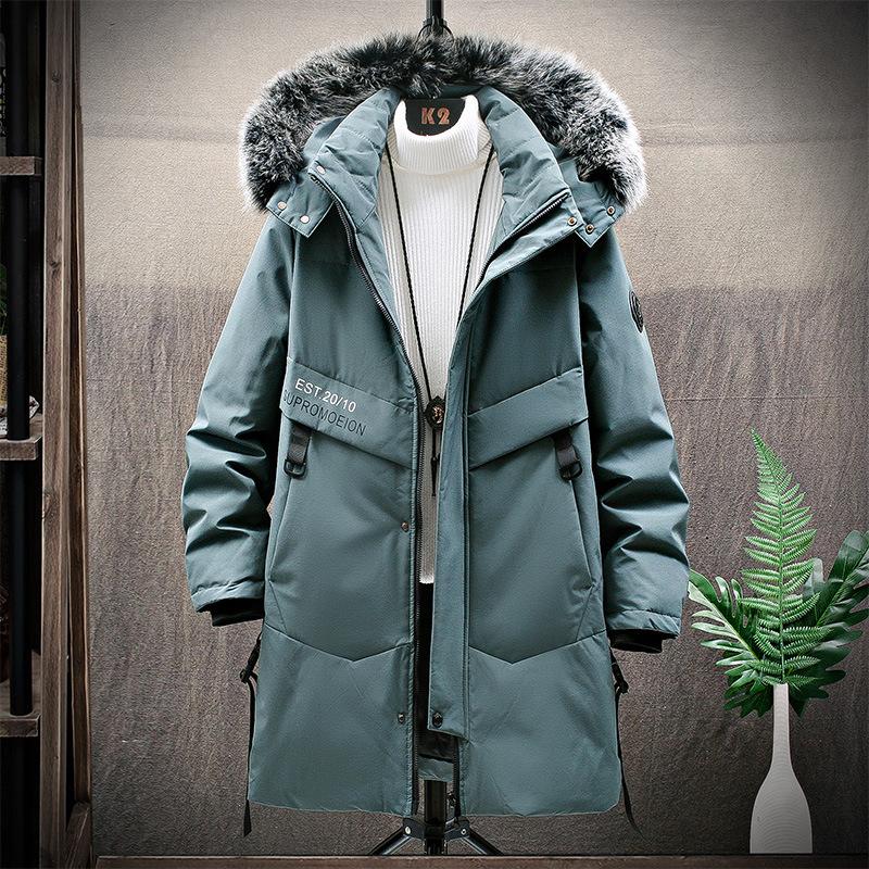 

2025 mid-length down jacket men s new winter new hooded white duck down jacket couple big fur collar thickened warm coat M зелений