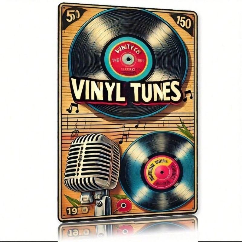 Vintage Metal Poster Wall Art, Retro Microphone Record Decor for Bar